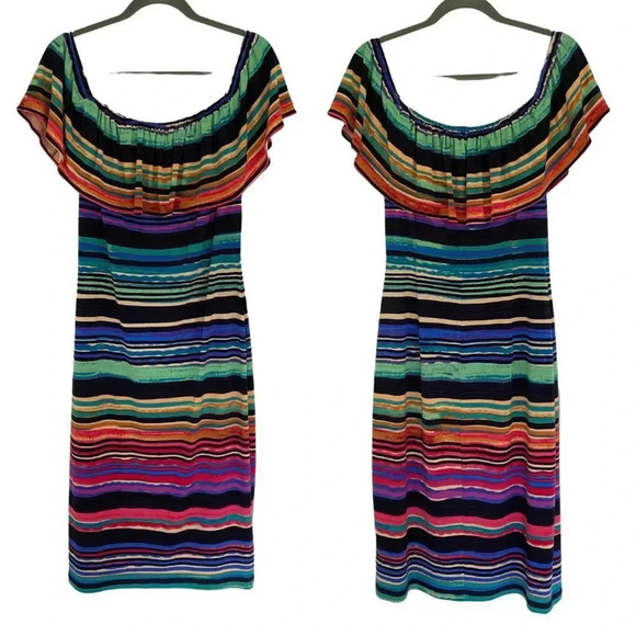 Maggy London, Off the Shoulder Ruffle Striped Dress, Blue, Green, Black, Multi - Picture 2 of 8